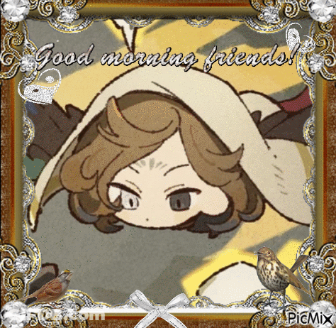A Picture Of A Girl With The Words " Good Morning Friends " Written On It GIF
