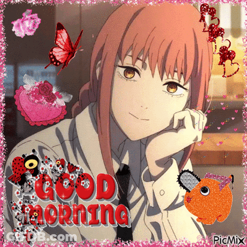 A Picture Of A Girl With The Words Good Morning Written In Red GIF