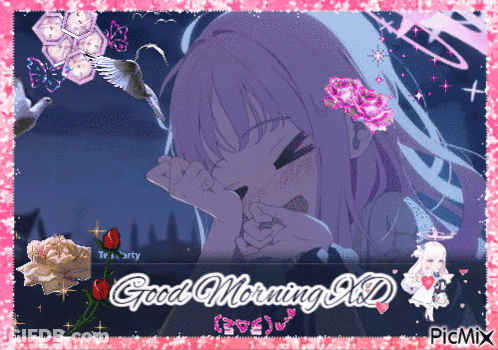 A Picture Of A Girl With The Words " Good Morning Xd " On It GIF
