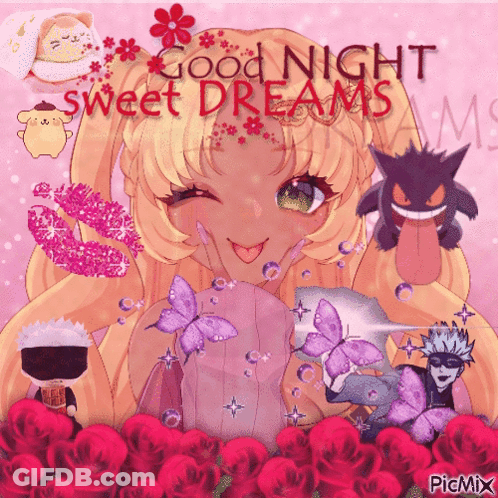 A Picture Of A Girl With The Words Good Night Sweet Dreams Above Her GIF