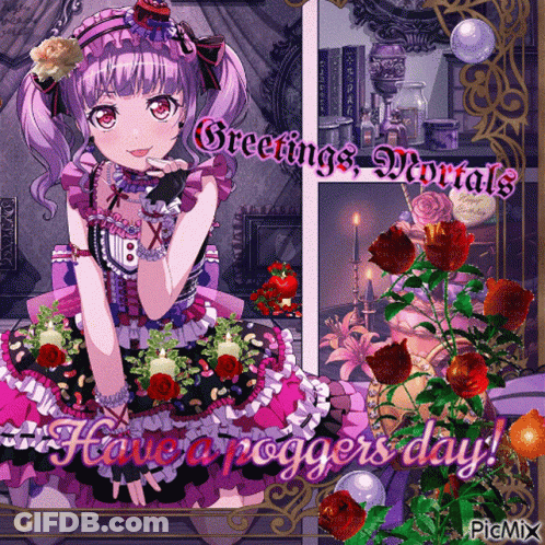 A Picture Of A Girl With The Words Greetings Mortals And Have A Poggers Day On It GIF