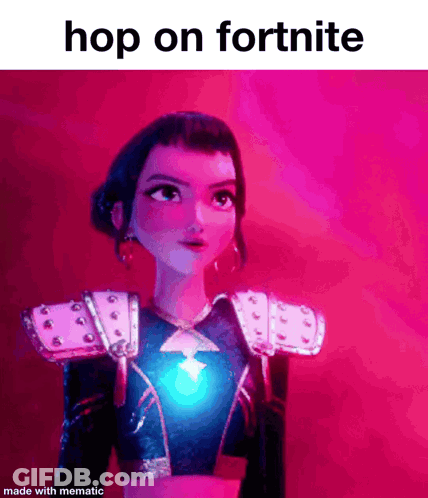 A Picture Of A Girl With The Words Hop On Fortnite GIF