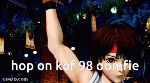 A Picture Of A Girl With The Words Hop On Kof 98 Oomfie On The Bottom GIF