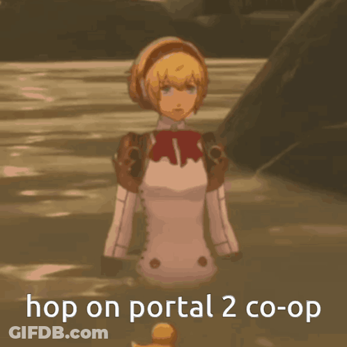 A Picture Of A Girl With The Words Hop On Portal 2 Co-Op GIF