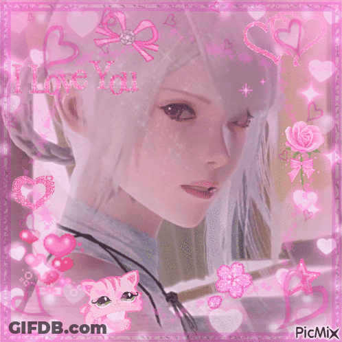 A Picture Of A Girl With The Words " I Love You " Surrounded By Pink Hearts And Flowers GIF