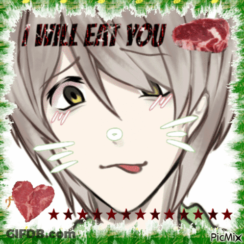 A Picture Of A Girl With The Words " I Will Eat You " On The Bottom GIF