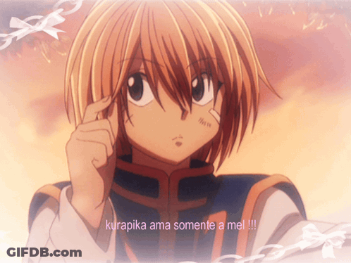 A Picture Of A Girl With The Words Kurapika Ama Somente A Mel Written Below Her GIF