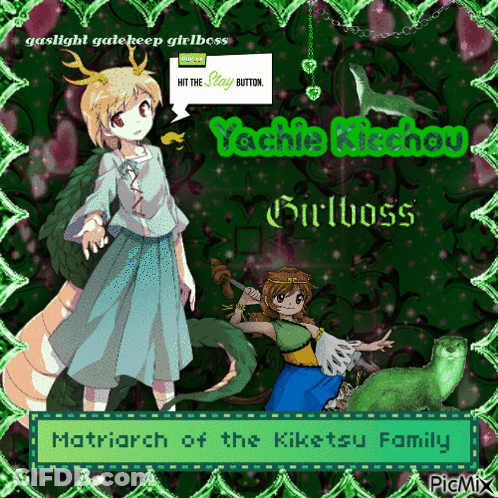 A Picture Of A Girl With The Words Matriarch Of The Kiketsu Family GIF