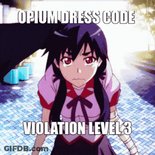 A Picture Of A Girl With The Words Opium Dress Code Violation Level 3 Below Her GIF