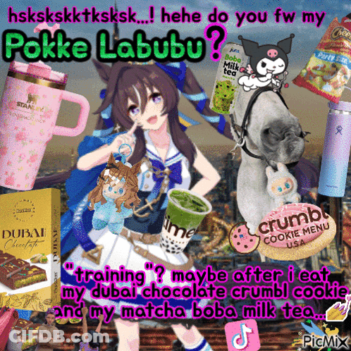 A Picture Of A Girl With The Words Pokke Labubu On It GIF