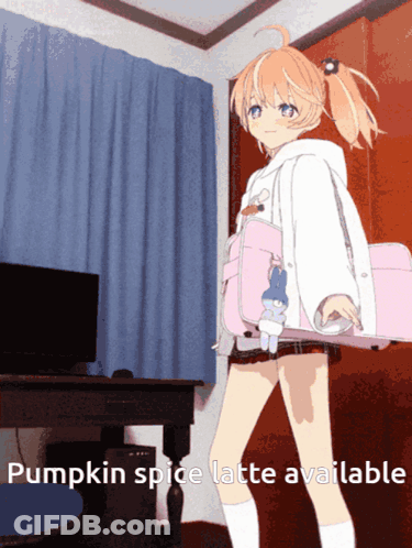 A Picture Of A Girl With The Words Pumpkin Spice Latte Available On The Bottom GIF