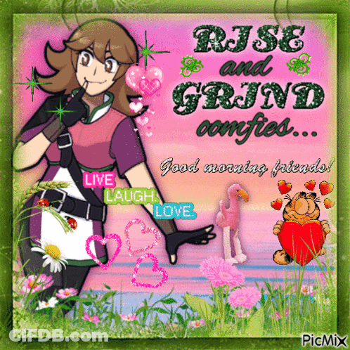 A Picture Of A Girl With The Words Rise And Grind Compiled On It GIF