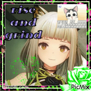 A Picture Of A Girl With The Words Rise And Grind Written On It GIF