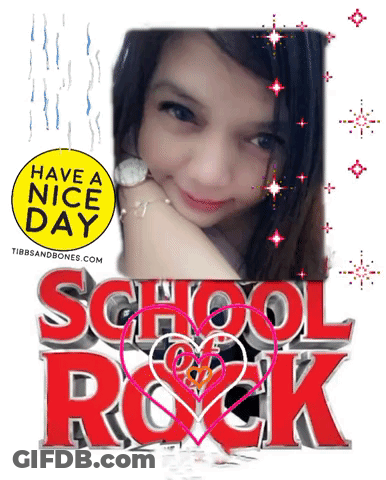 A Picture Of A Girl With The Words School Rock Behind Her GIF