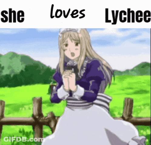 A Picture Of A Girl With The Words She Loves Lychee On The Bottom GIF
