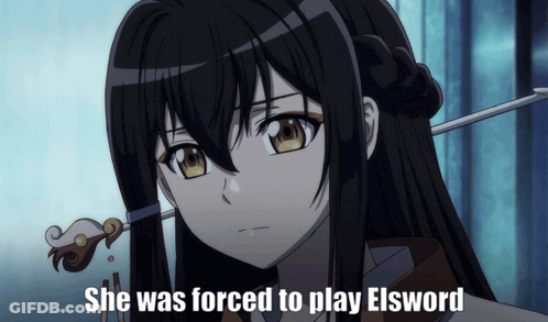 A Picture Of A Girl With The Words She Was Forced To Play Elsword On The Bottom GIF