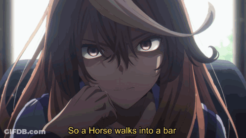 A Picture Of A Girl With The Words So A Horse Walks Into A Bar Above Her GIF