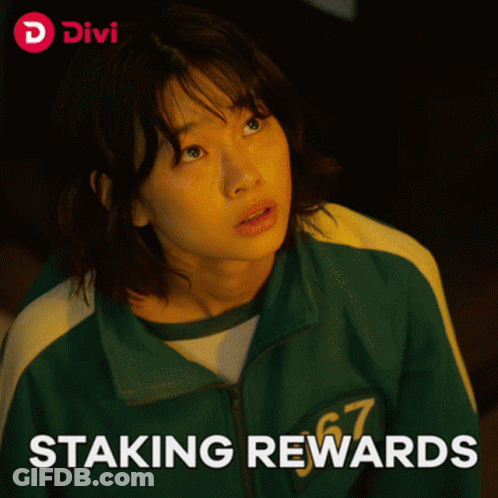 A Picture Of A Girl With The Words Staking Rewards On The Bottom GIF
