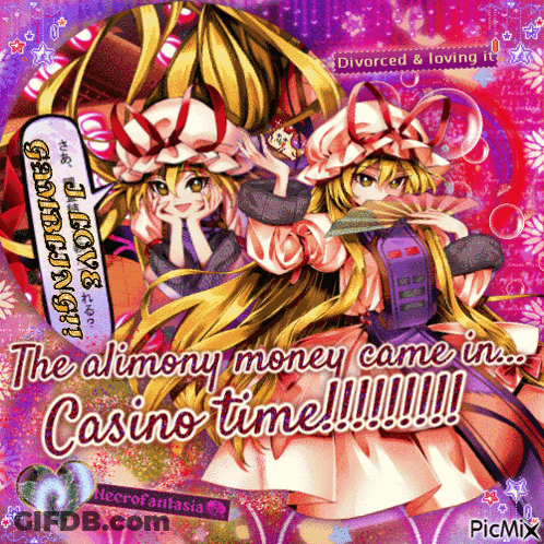 A Picture Of A Girl With The Words " The Alimony Money Came In Casino Time !!! " GIF