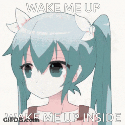 A Picture Of A Girl With The Words Wake Me Up Wake Me Up Inside Written On It GIF