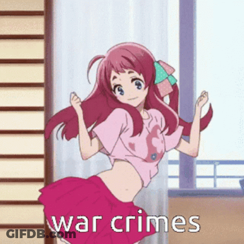 A Picture Of A Girl With The Words War Crimes Written On It GIF