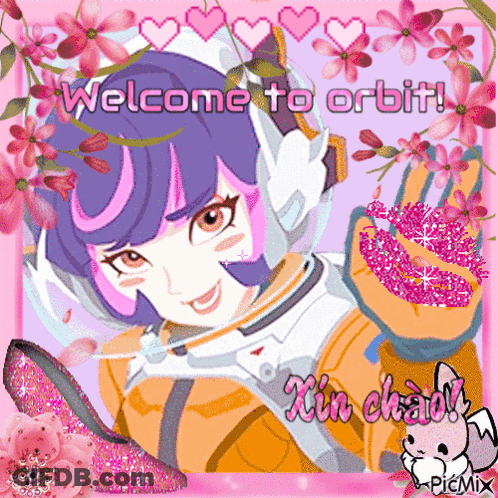 A Picture Of A Girl With The Words Welcome To Orbit Written Above Her GIF