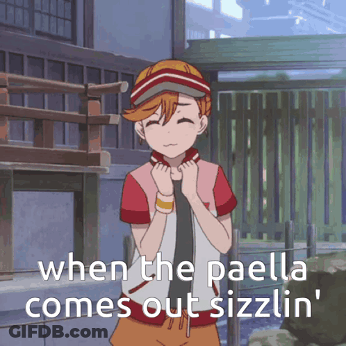 A Picture Of A Girl With The Words When The Paella Comes Out Sizzlin GIF