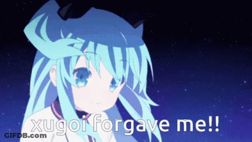 A Picture Of A Girl With The Words " Xugoi Forgave Me " On The Bottom GIF