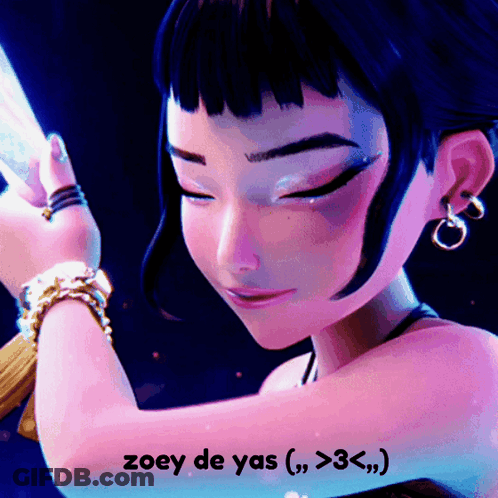 A Picture Of A Girl With The Words Zoey De Yas On The Bottom GIF