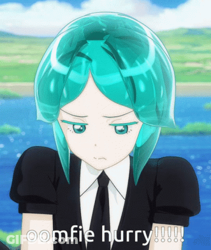 A Picture Of A Girl With Turquoise Hair And The Words Oomfie Hurry On The Bottom GIF