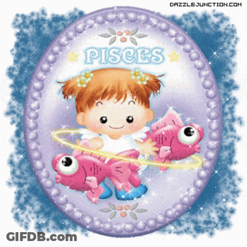 A Picture Of A Girl With Two Fish And The Word Pisces On It GIF