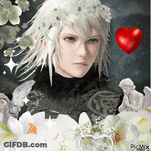 A Picture Of A Girl With White Flowers On Her Head And A Red Heart With Picmix Written On The Bottom GIF