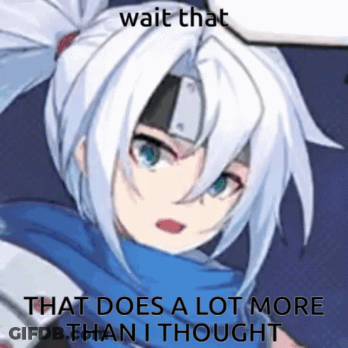 A Picture Of A Girl With White Hair And Blue Eyes With A Caption That Says Wait That That Does A Lot More Than GIF