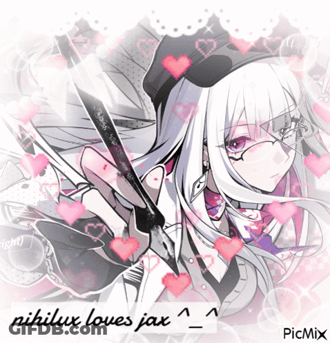 A Picture Of A Girl With White Hair And Purple Eyes Is Surrounded By Pink Hearts GIF