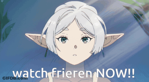 A Picture Of A Girl With White Hair And The Words Watch Frieren Now On The Bottom GIF
