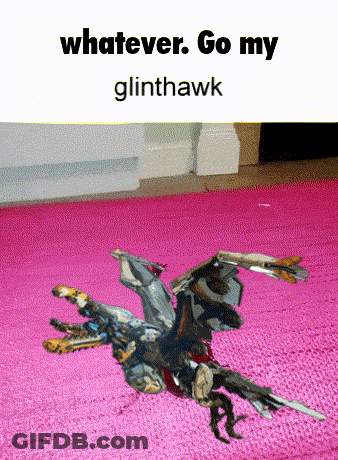 A Picture Of A Glinthawk Toy On A Pink Rug GIF