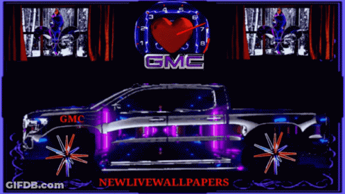 A Picture Of A Gmc Truck With A Heart And A Clock GIF