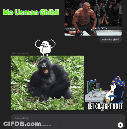A Picture Of A Gorilla And A Picture Of A Man With The Words Mo Usman Ghibli GIF