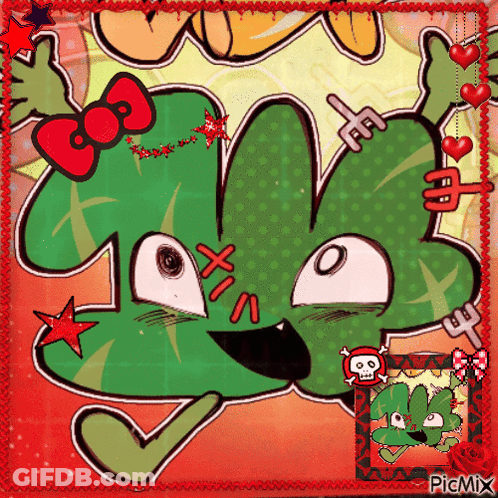 A Picture Of A Green Cartoon Character With A Red Bow And A Skull On It GIF
