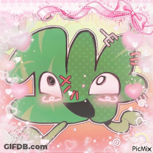 A Picture Of A Green Cartoon Character With Hearts And A Pink Bow Says Picmix On The Bottom GIF