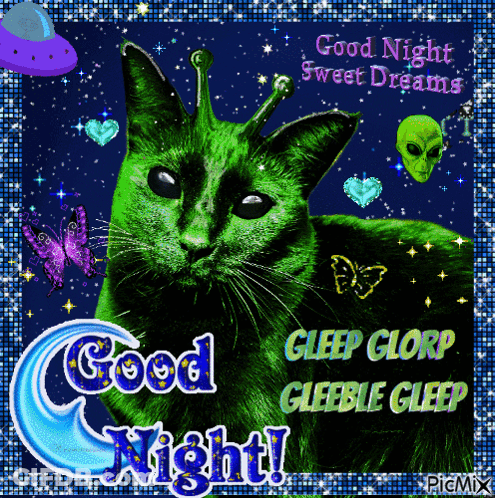 A Picture Of A Green Cat With The Words Good Night Sweet Dreams GIF