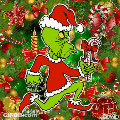 A Picture Of A Grinch Holding A Candy Cane In Front Of A Christmas Tree GIF
