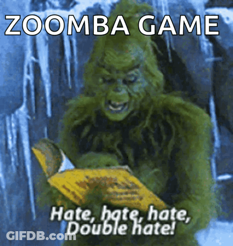 A Picture Of A Grinch Reading A Book With The Words Zoomba Game Above Him GIF