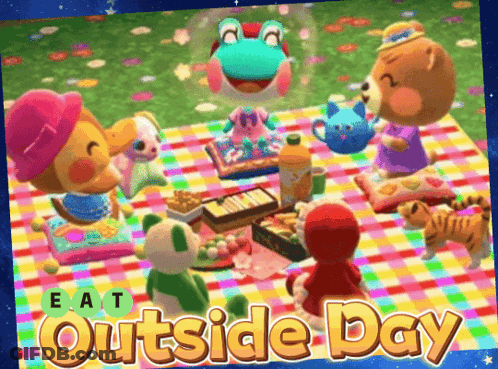 A Picture Of A Group Of Animals Having A Picnic With The Words Eat Outside Day Below Them GIF
