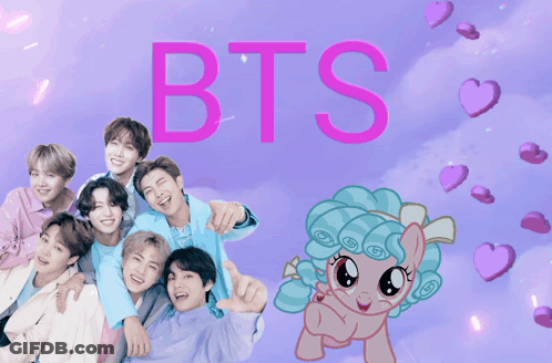 A Picture Of A Group Of Boys And A Pony With The Word Bts On It GIF