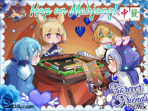 A Picture Of A Group Of Girls Playing Mahjong With The Caption Hop On Mahjong And Forever Friends GIF