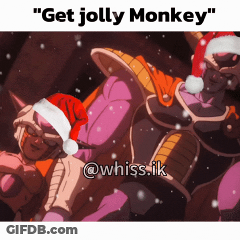 A Picture Of A Group Of Monkeys Wearing Santa Hats With The Caption Get Jolly Monkey GIF