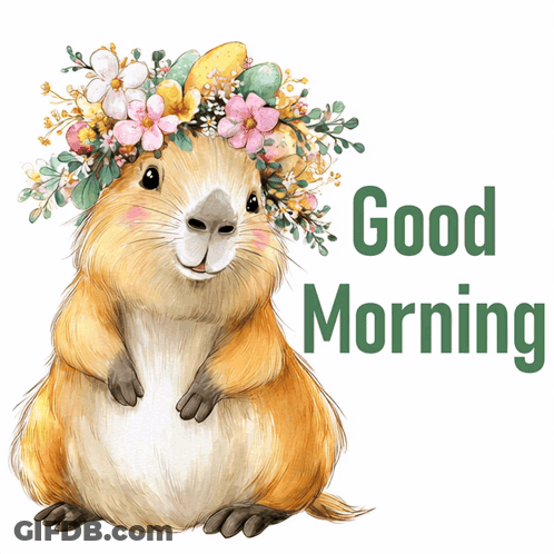 A Picture Of A Guinea Pig With Flowers On Its Head And The Words Good Morning GIF