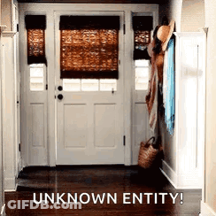 A Picture Of A Hallway With A White Door And The Words `` Unknown Entity '' Above It . GIF