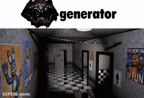 A Picture Of A Hallway With Posters On The Wall And The Word Generator On The Bottom GIF